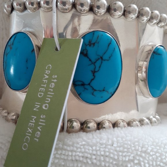 SEED & SAGE STERLING/ TURQUOISE CUFF BANGLE BRACELET - Picture 3 of 4